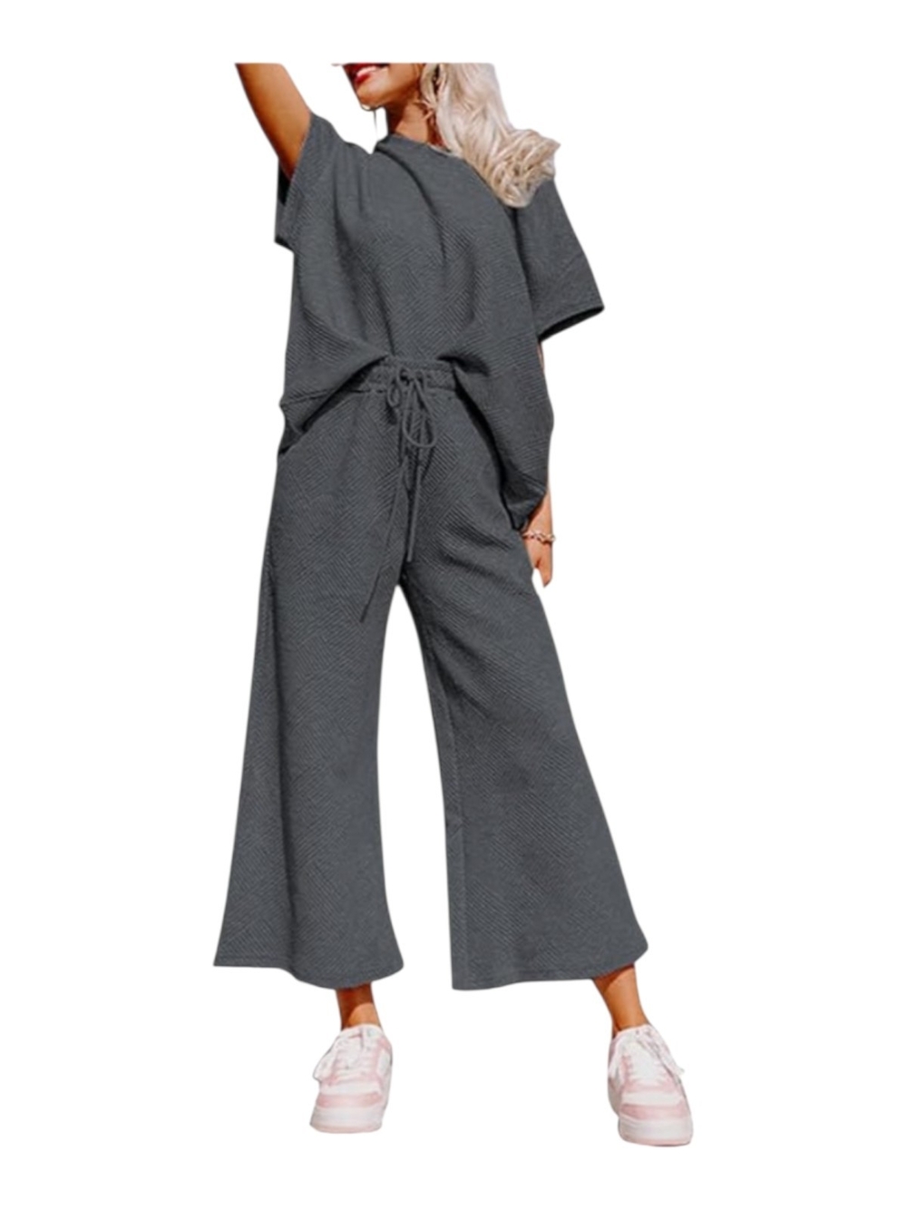 Womenโs Black Wide-Leg Knit Lounge Wear Set with Drawstring Waist